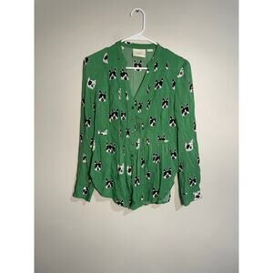 Anthropologie Maeve Green French Bulldog Pintuck Blouse Size 2‎